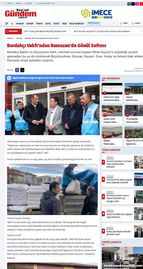 Kayseri Gündem Gazetesi
Ramazan ayında dağıtılan gıda yardımlar
https://www.kayserigundem.com.tr/bardakci-vakfi-ndan-ramazan-da-gonul-sofrasi/126495/